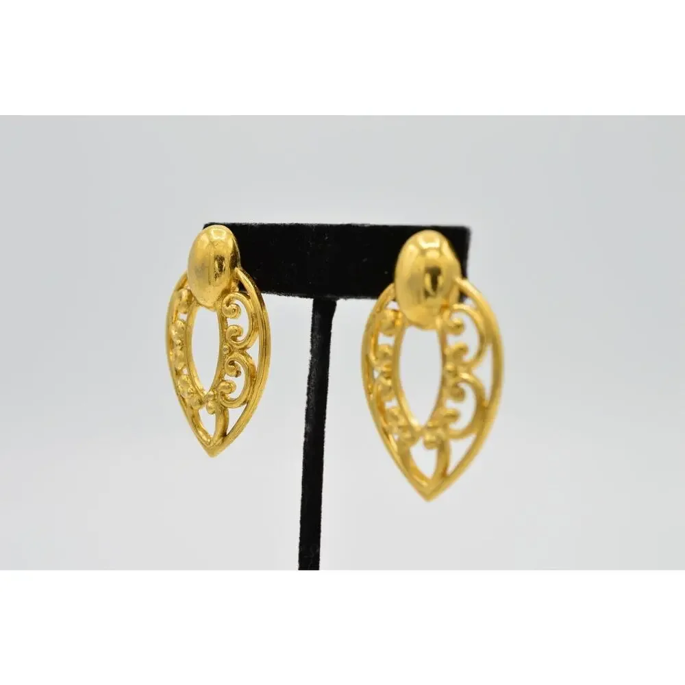 Vintage Earrings Post Brushed Antiqued Gold Dangle Chic Statement 1980s 9L